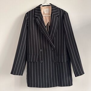 Aritzia Double-Breasted Navy Pinstripe Blazer